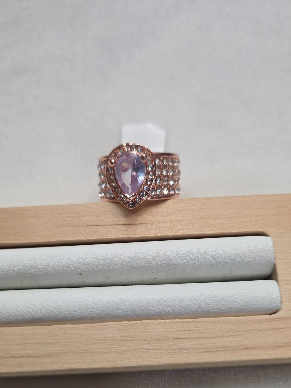 Women's Pink Tear Drop Shape Crystal Ring Rose Gold Tone Band Elegant Rhinestone